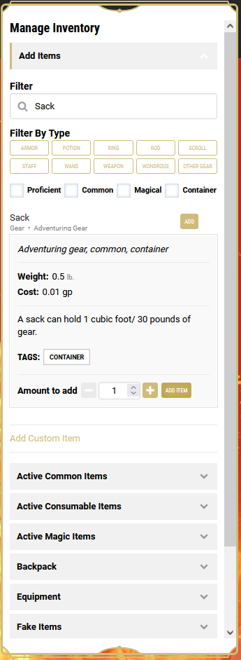 D&D Beyond: Adding a container.