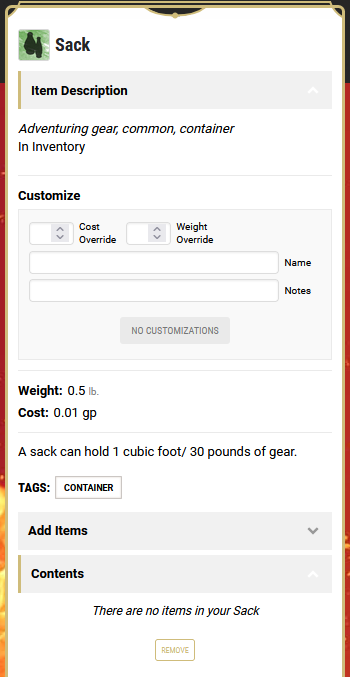D&D Beyond: Customize your sack.