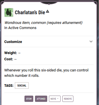 D&D Beyond: Item controls.