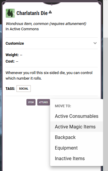 D&D Beyond: Move an item to a container.