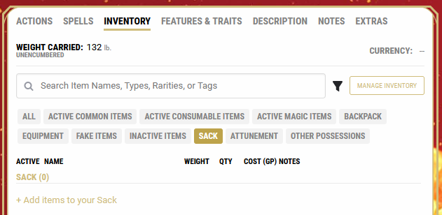 D&D Beyond: A new empty sack.
